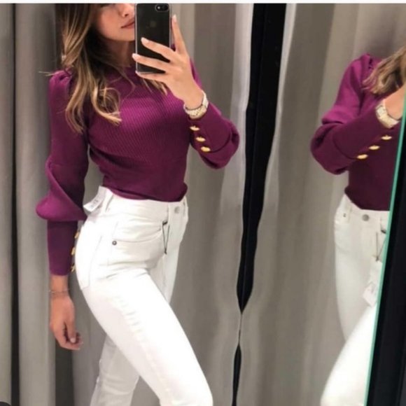 Zara Sweaters - Zara Puff Sleeve Ribbed Sweater with Gold Button